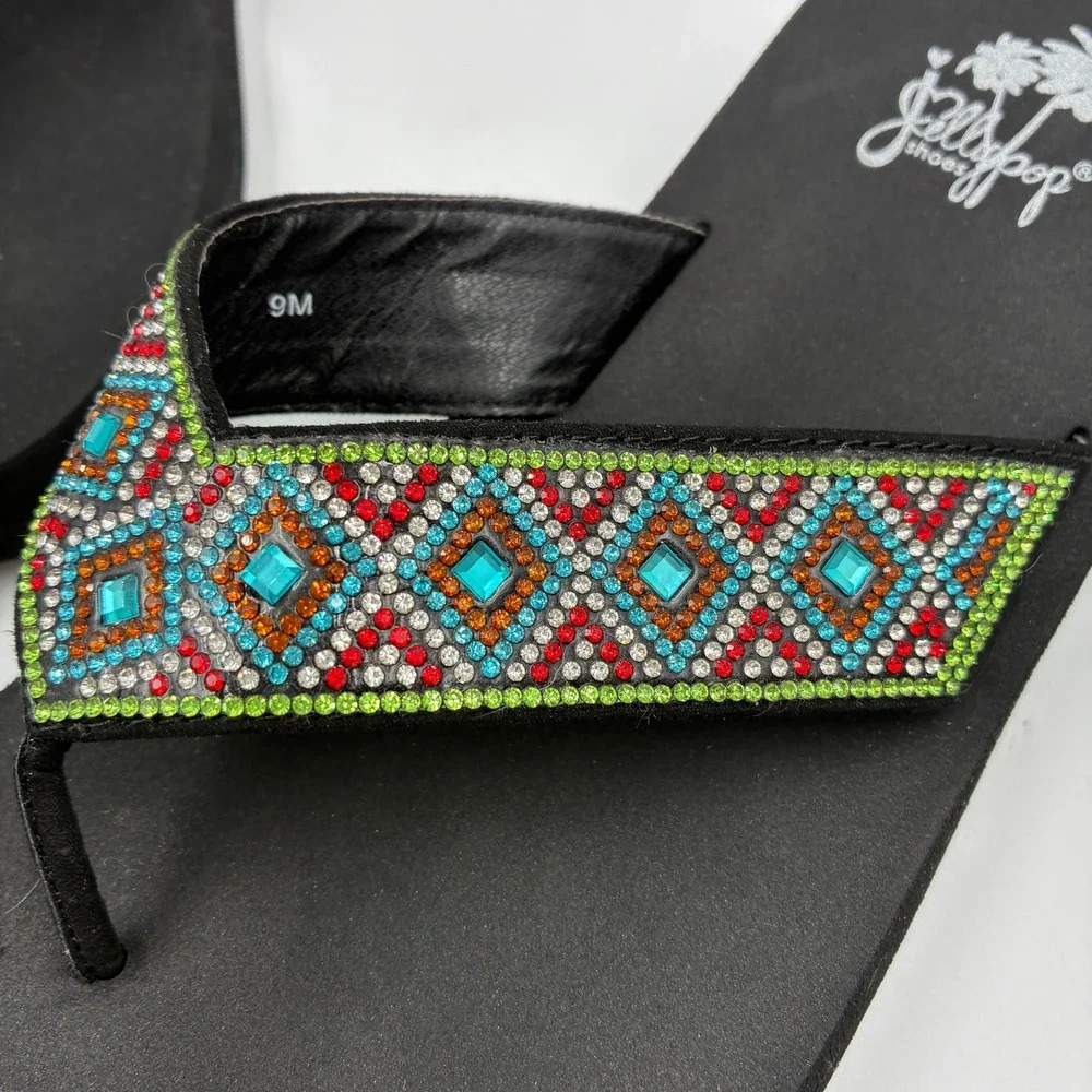 Jellypop Women's Flip Flops Size 9M Embellished Rhinestone Beaded Straps Black‎